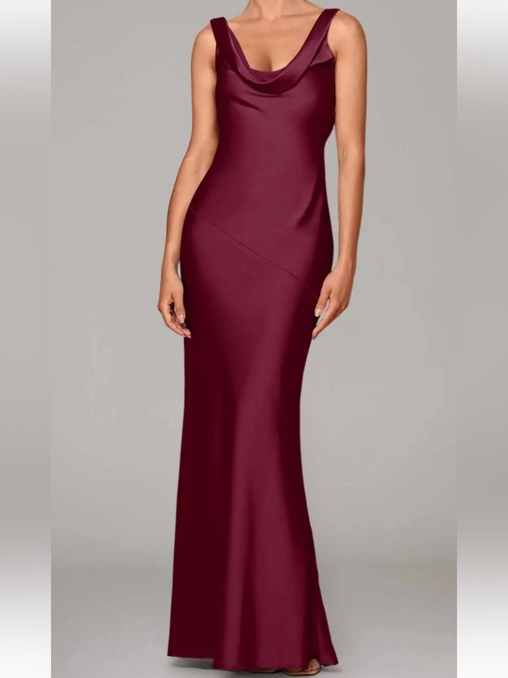 Azazie Burgundy Satin Cowl Neck Bridal Gown
